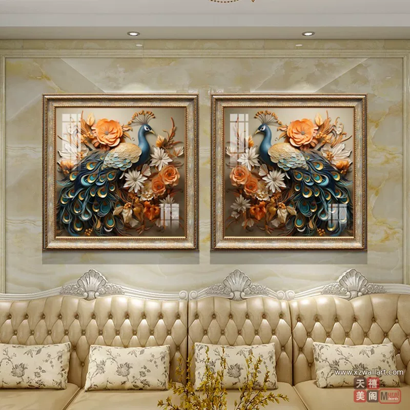 孔雀 单幅 装饰画 欧式 客厅背景墙挂画 晶瓷画