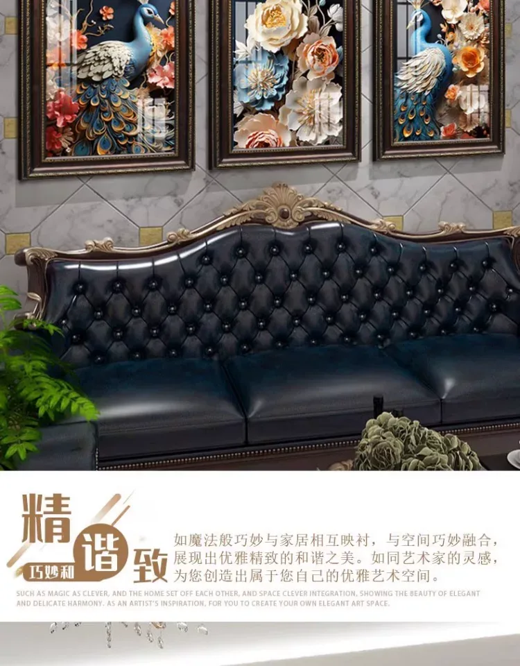 孔雀 三联 装饰画 美式 客厅背景墙挂画 晶瓷画