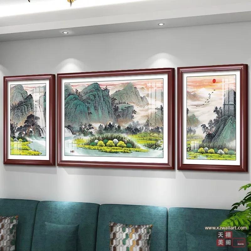 山水 三联 装饰画 新中式 客厅背景墙挂画 晶瓷画