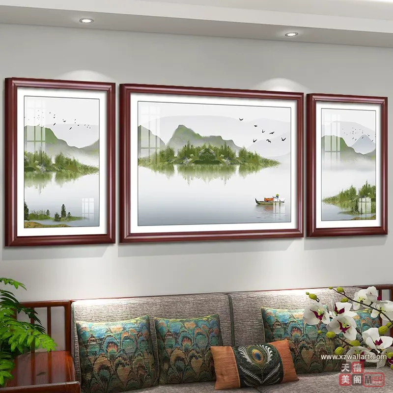 山水 三联 装饰画 新中式 客厅背景墙挂画 晶瓷画