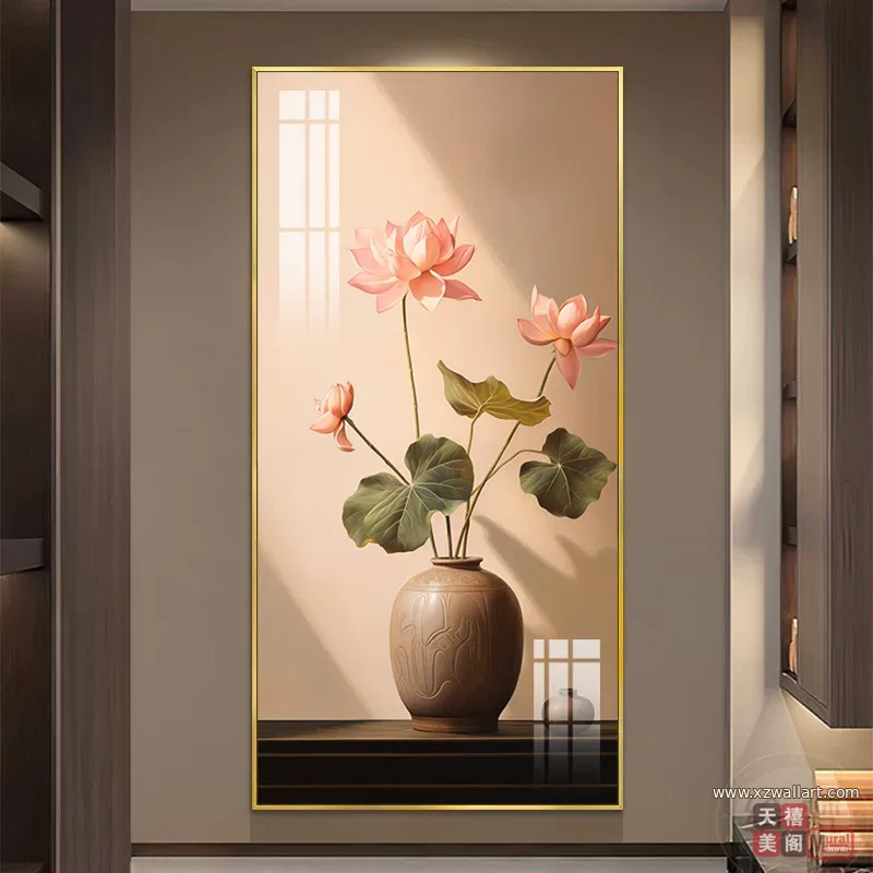 荷花 单幅 装饰画 新中式 玄关背景墙挂画 晶瓷画