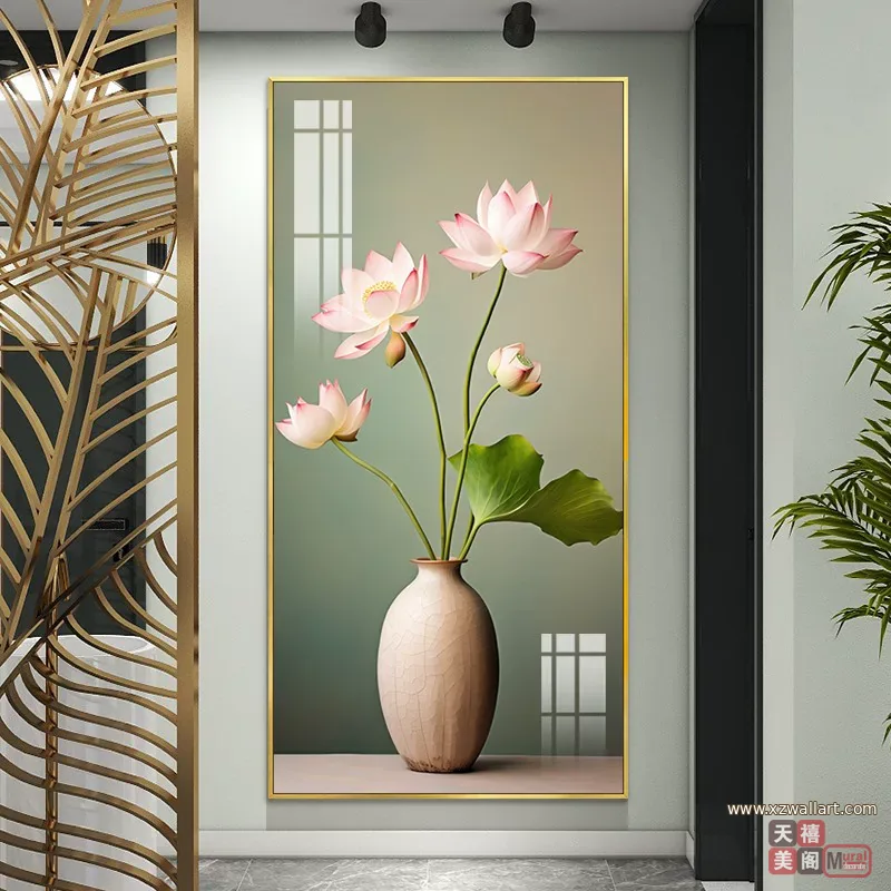 荷花 单幅 装饰画 新中式 玄关背景墙挂画 晶瓷画