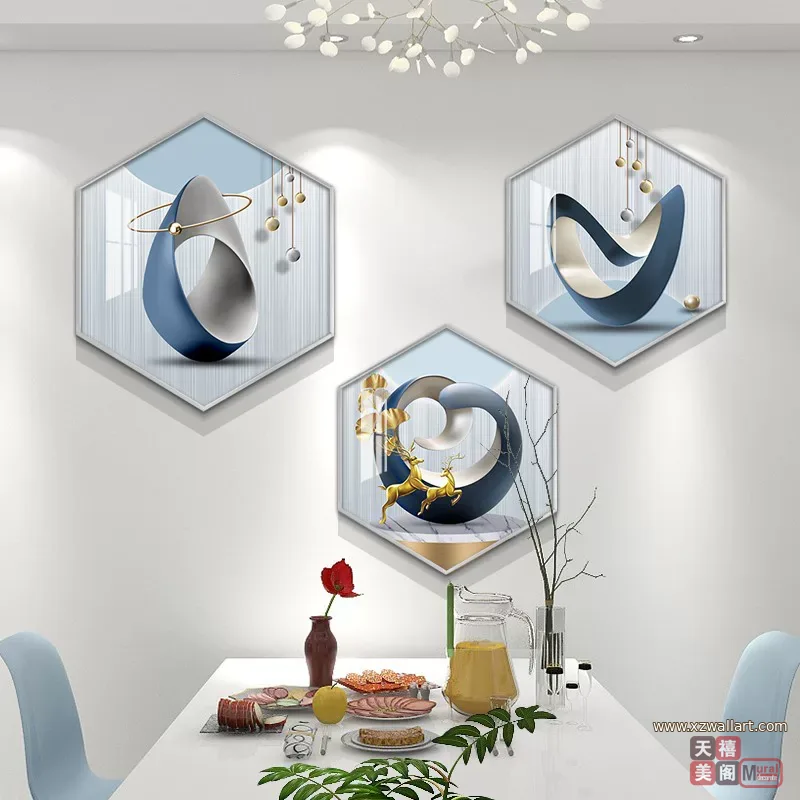 抽象 三联 装饰画 轻奢风 餐厅背景墙挂画 晶瓷画