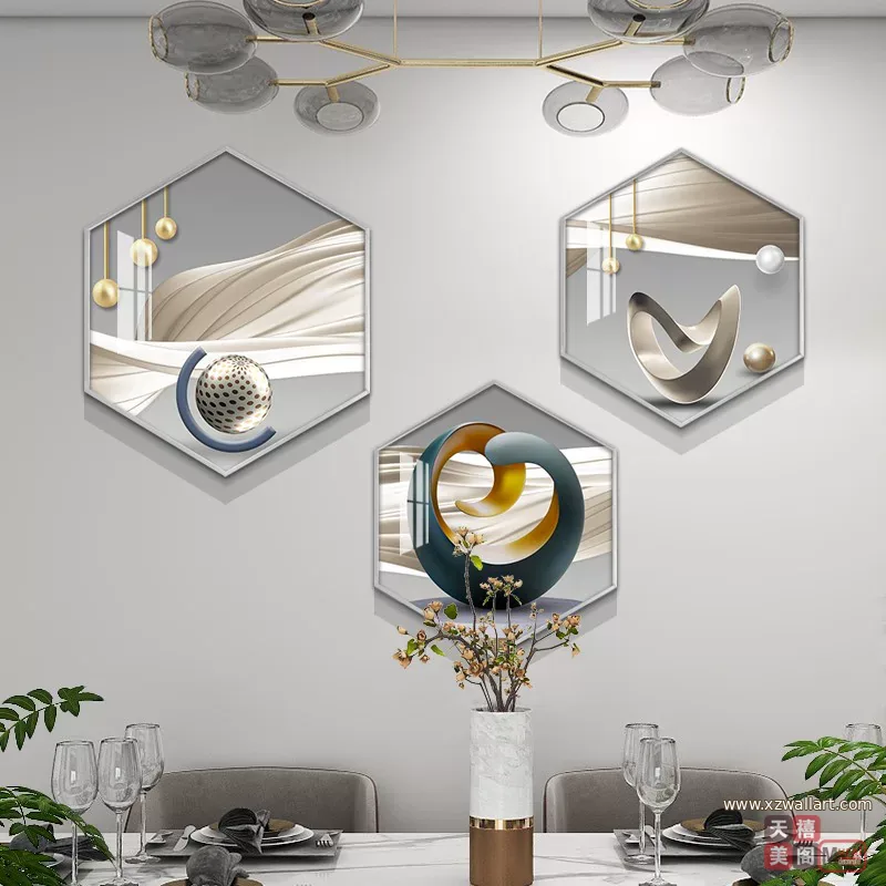 抽象 三联 装饰画 轻奢风 餐厅背景墙挂画 晶瓷画