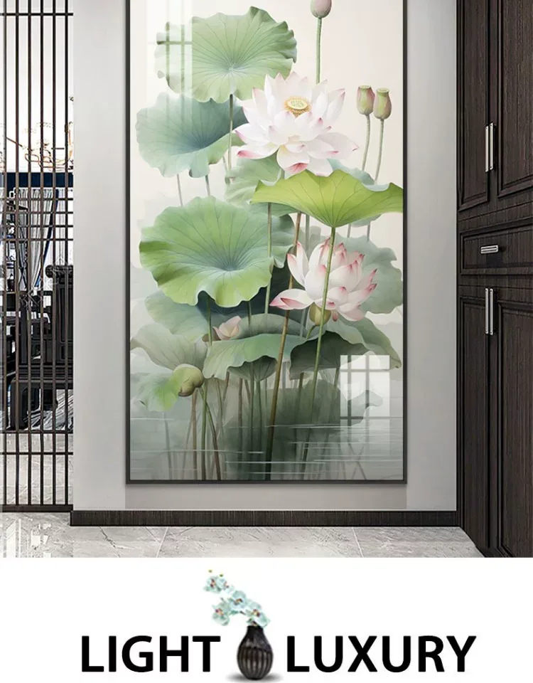 荷花 单幅 装饰画 新中式 玄关背景墙挂画 晶瓷画