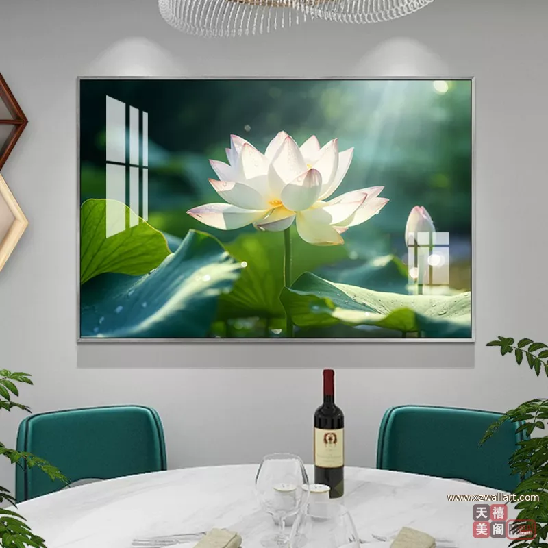 荷花 单幅 装饰画 轻奢风 餐厅背景墙挂画 晶瓷画
