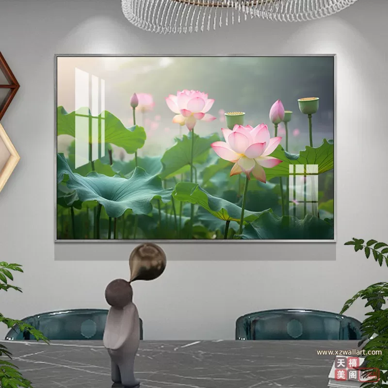 荷花 单幅 装饰画 轻奢风 餐厅背景墙挂画 晶瓷画