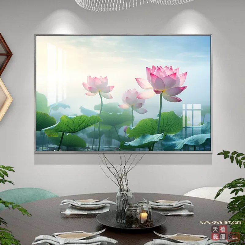 荷花 单幅 装饰画 轻奢风 餐厅背景墙挂画 晶瓷画