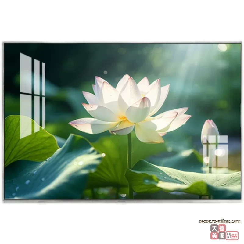 荷花 单幅 装饰画 轻奢风 餐厅背景墙挂画 晶瓷画