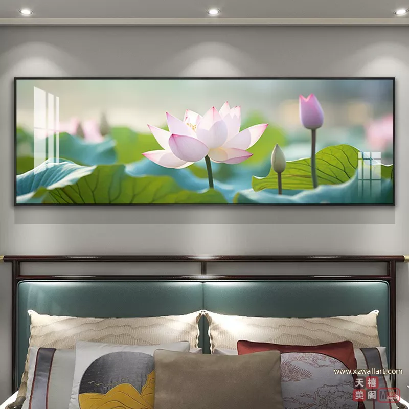 荷花 单幅 装饰画 轻奢风 卧室背景墙挂画 晶瓷画