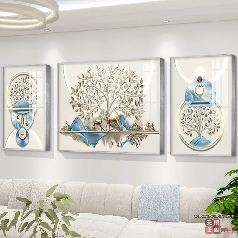 抽象 三联 装饰画 轻奢风 客厅背景墙挂画 晶瓷画