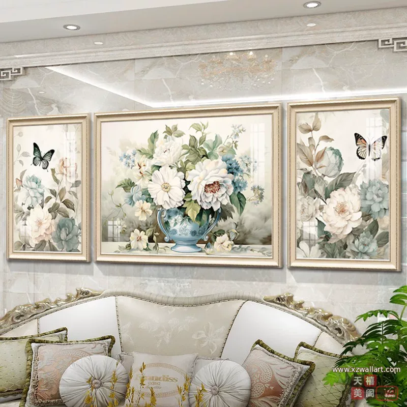 花 三联 装饰画 美式 客厅背景墙挂画 晶瓷画