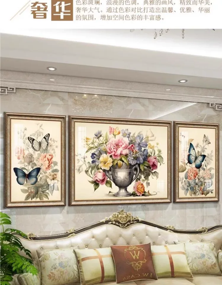 花 三联 装饰画 美式 客厅背景墙挂画 晶瓷画