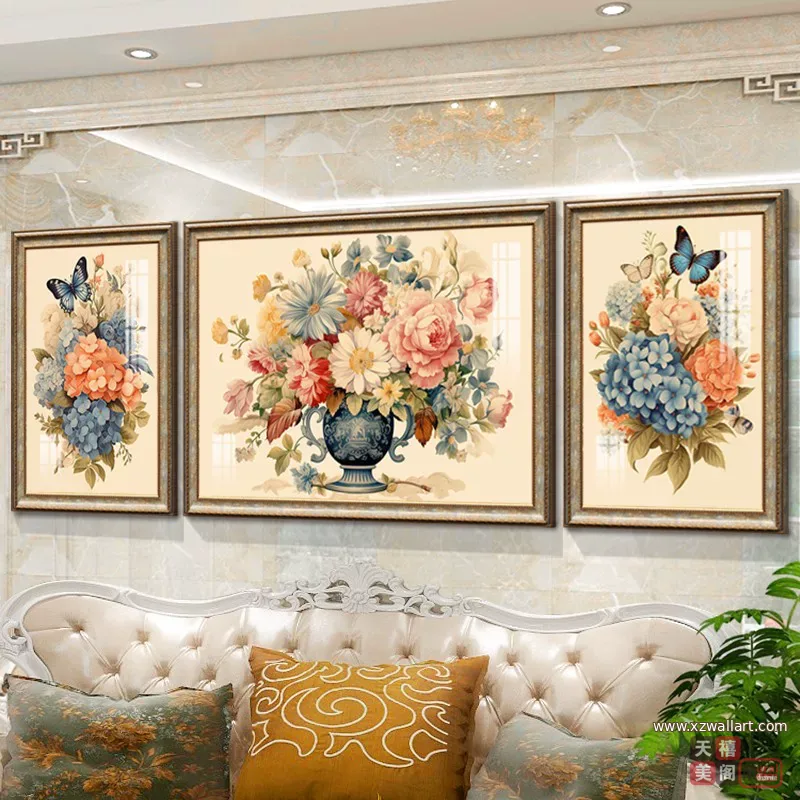 花 三联 装饰画 美式 客厅背景墙挂画 晶瓷画