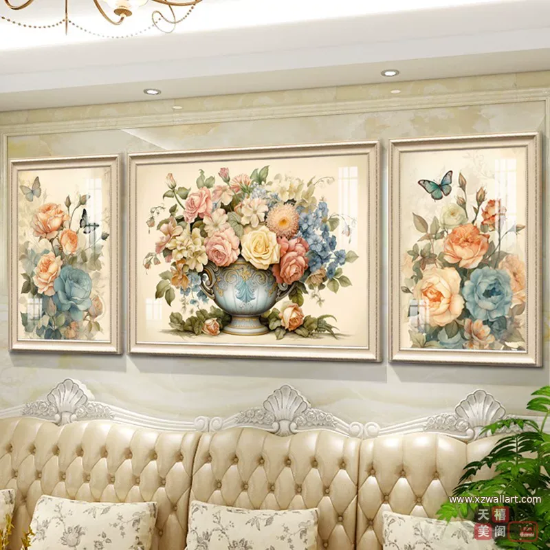 花 三联 装饰画 美式 客厅背景墙挂画 晶瓷画