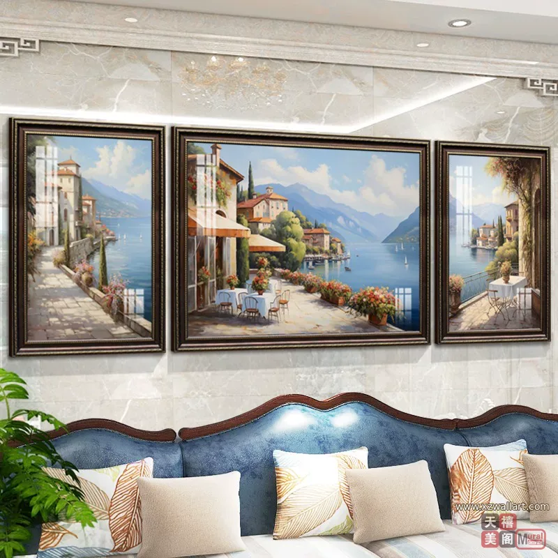 抽象 三联 装饰画 美式 客厅背景墙挂画 晶瓷画