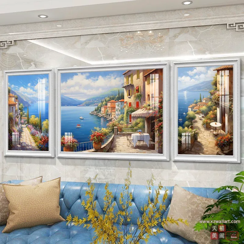 抽象 三联 装饰画 美式 客厅背景墙挂画 晶瓷画