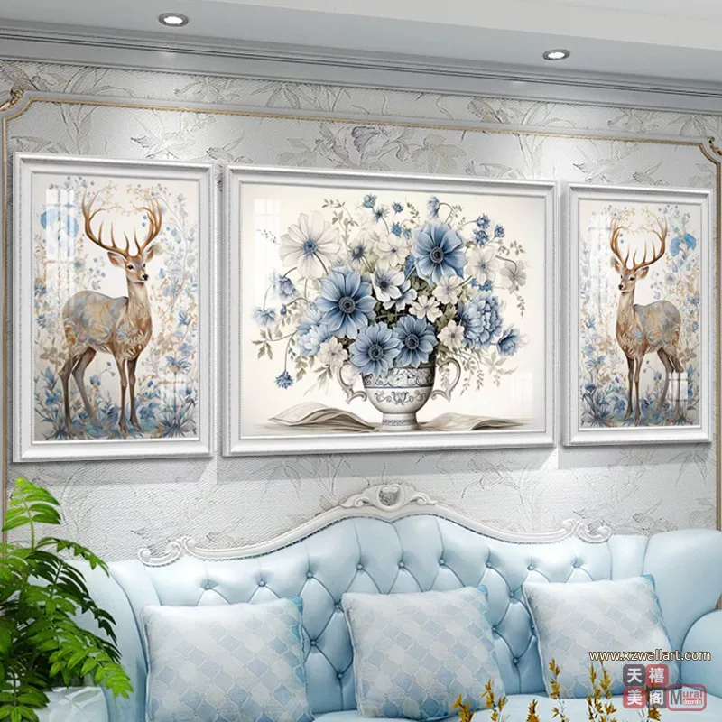 抽象 三联 装饰画 美式 客厅背景墙挂画 晶瓷画