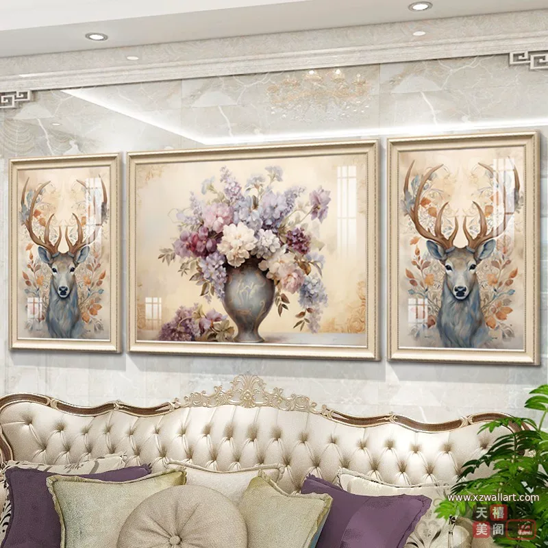 抽象 三联 装饰画 美式 客厅背景墙挂画 晶瓷画