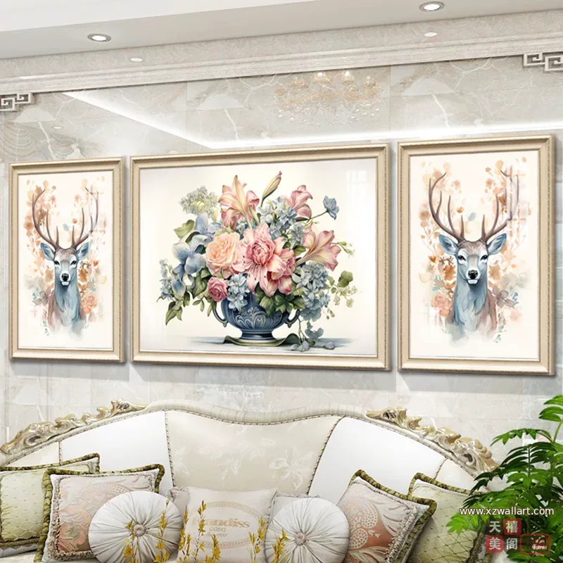 抽象 三联 装饰画 美式 客厅背景墙挂画 晶瓷画
