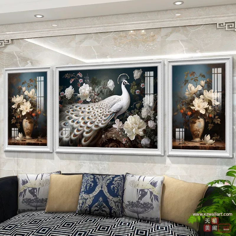 孔雀 三联 装饰画 美式 客厅背景墙挂画 晶瓷画