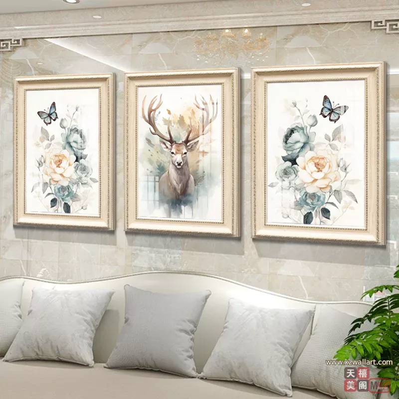 抽象 三联 装饰画 美式 客厅背景墙挂画 晶瓷画
