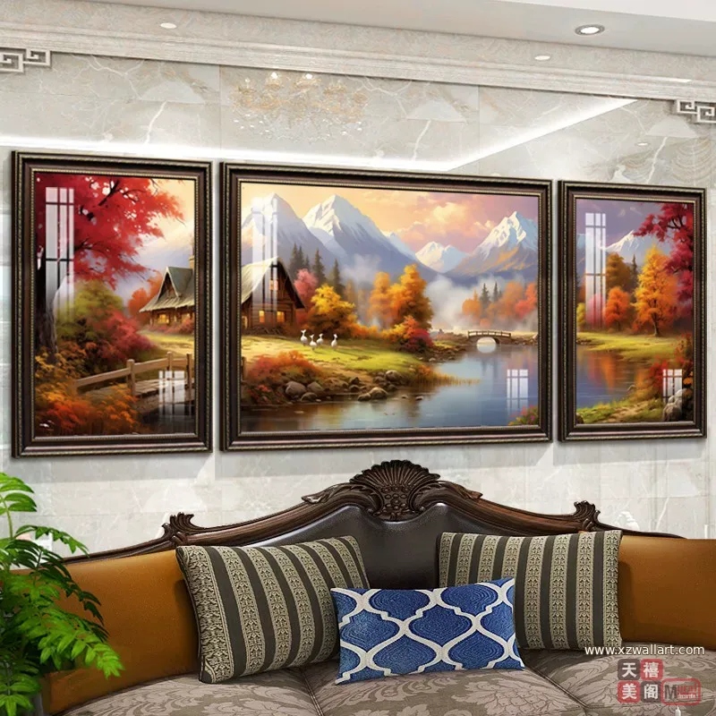 马 三联 装饰画 美式 客厅背景墙挂画 晶瓷画