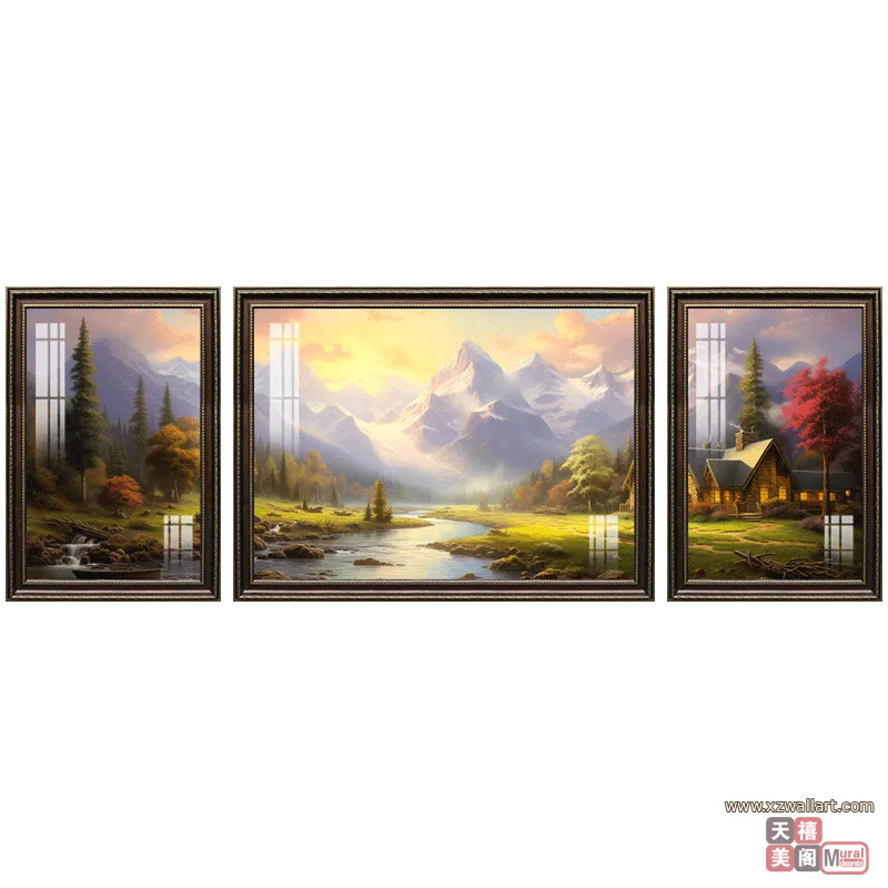 马 三联 装饰画 美式 客厅背景墙挂画 晶瓷画