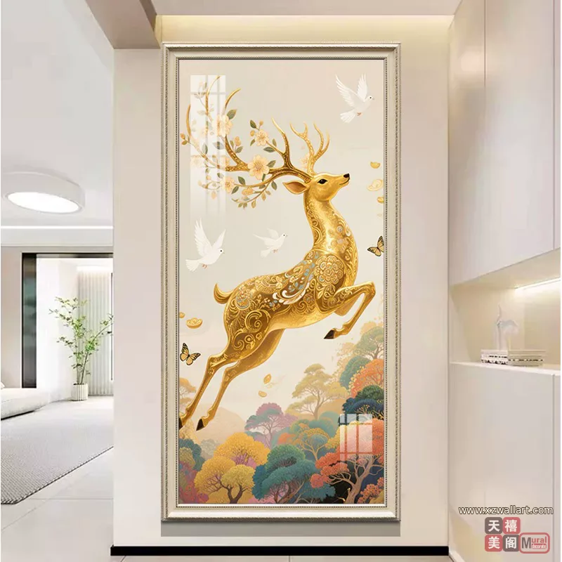 鹿 单幅 装饰画 欧式 玄关背景墙挂画 晶瓷画