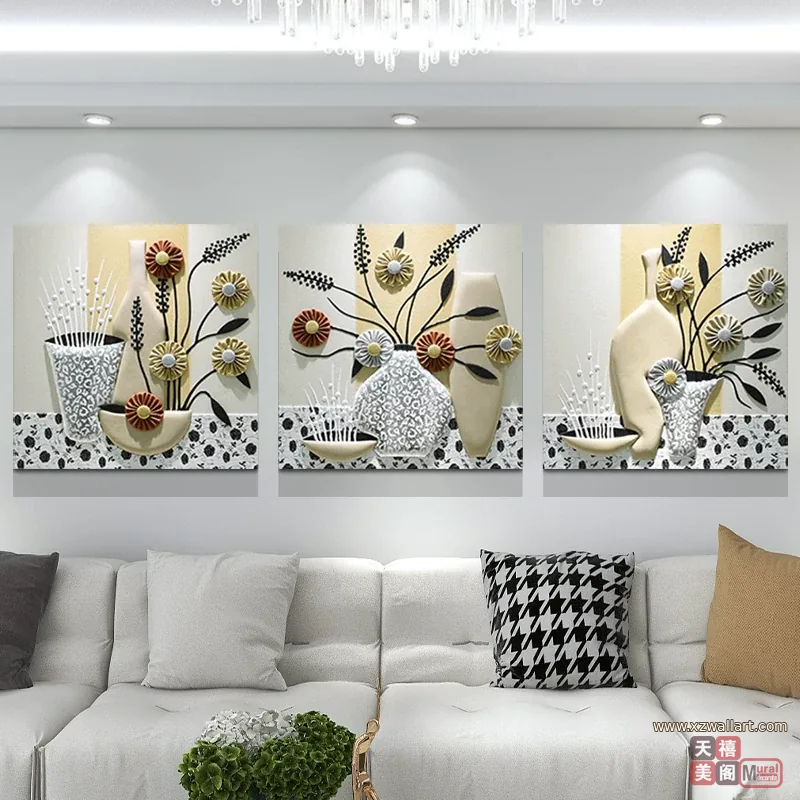 抽象 三联 装饰画 轻奢风 客厅背景墙挂画 晶瓷画