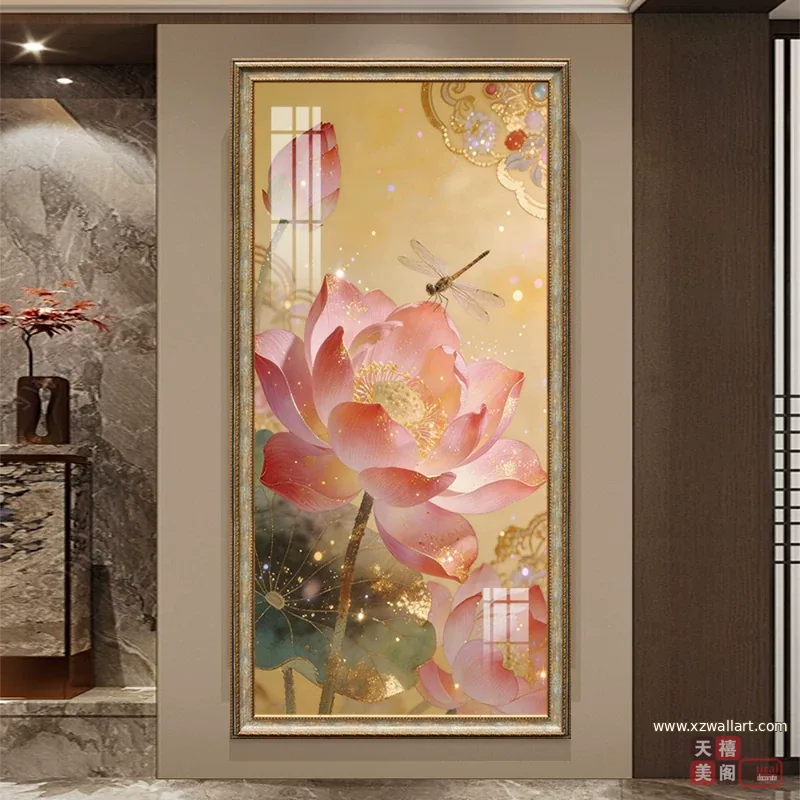 荷花 单幅 装饰画 轻奢风 玄关背景墙挂画 晶瓷画