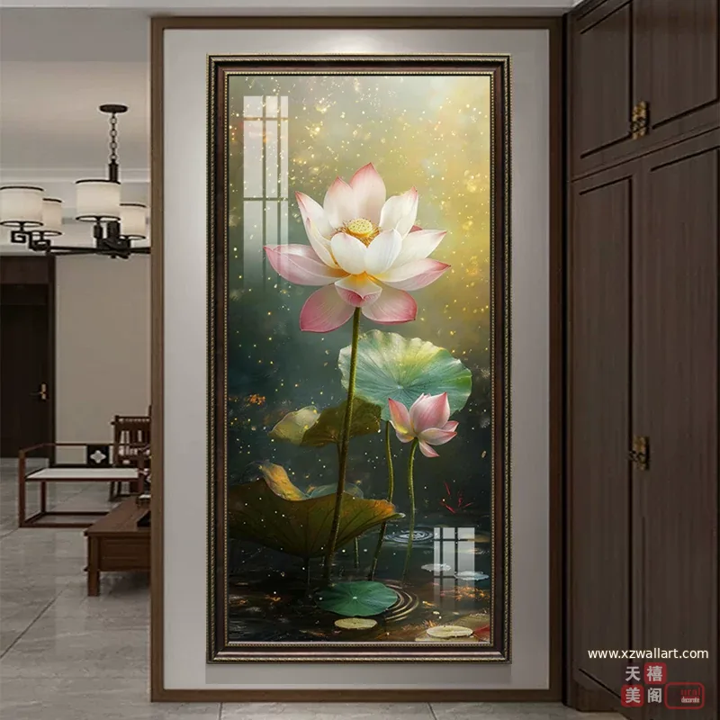 荷花 单幅 装饰画 新中式 玄关背景墙挂画 晶瓷画