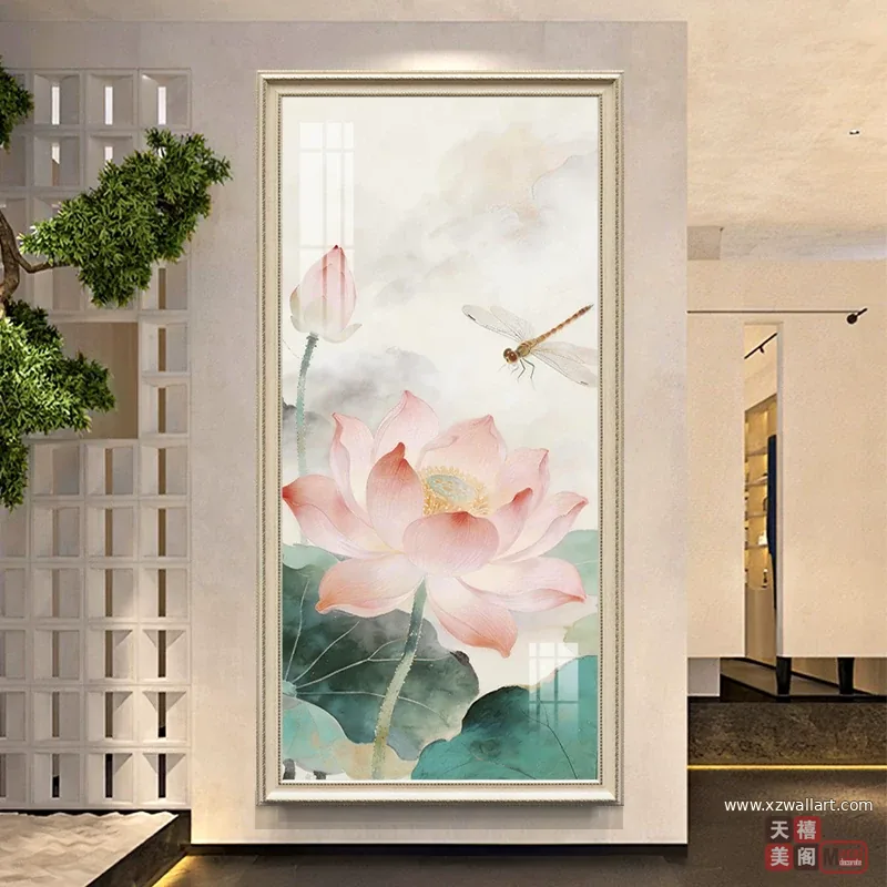 荷花 单幅 装饰画 新中式 玄关背景墙挂画 晶瓷画