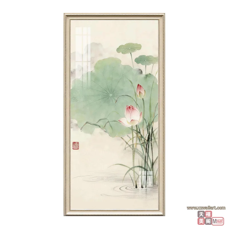 荷花 单幅 装饰画 新中式 玄关背景墙挂画 晶瓷画