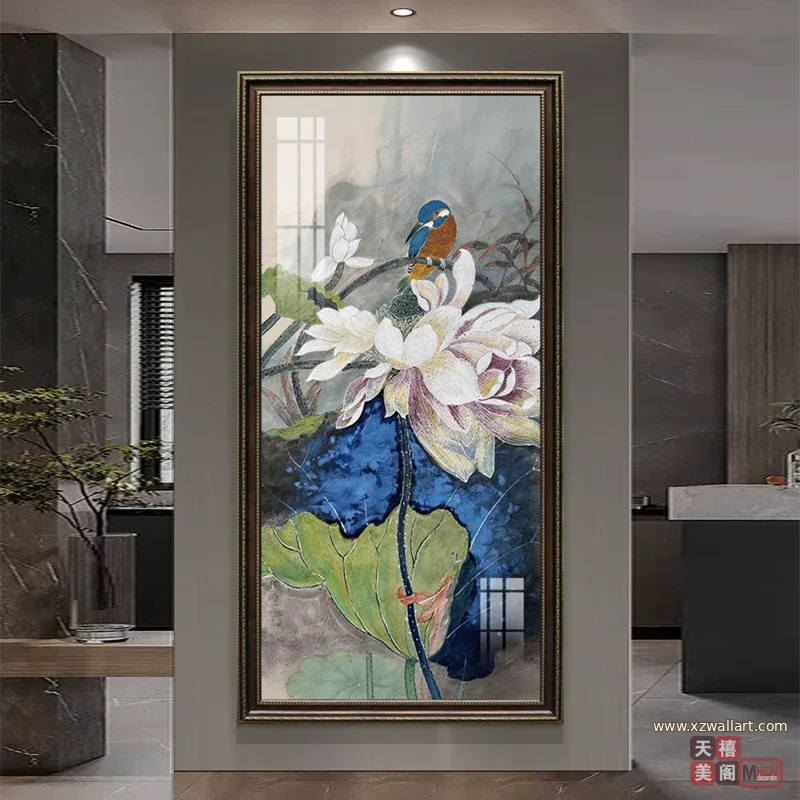 荷花 单幅 装饰画 新中式 玄关背景墙挂画 晶瓷画