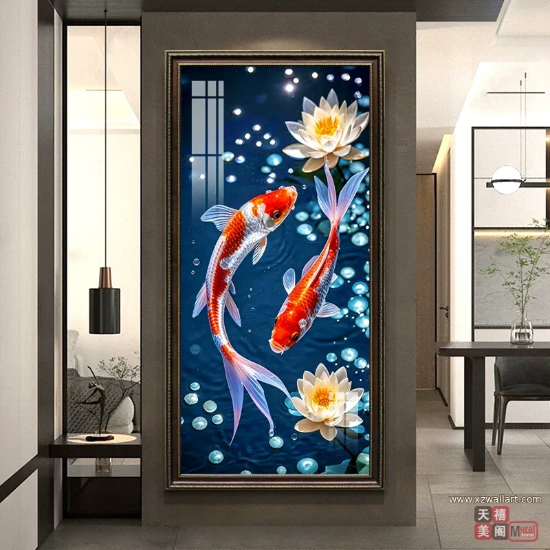锦鲤 单幅 装饰画 轻奢风 玄关背景墙挂画 晶瓷画