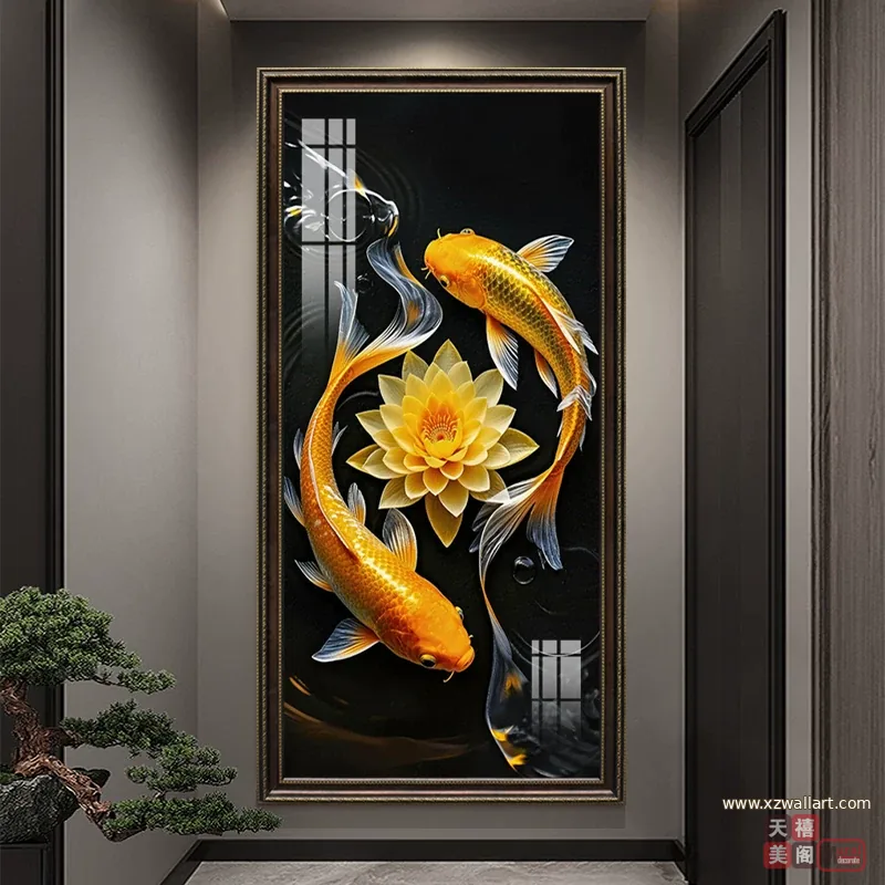 锦鲤 单幅 装饰画 轻奢风 玄关背景墙挂画 晶瓷画