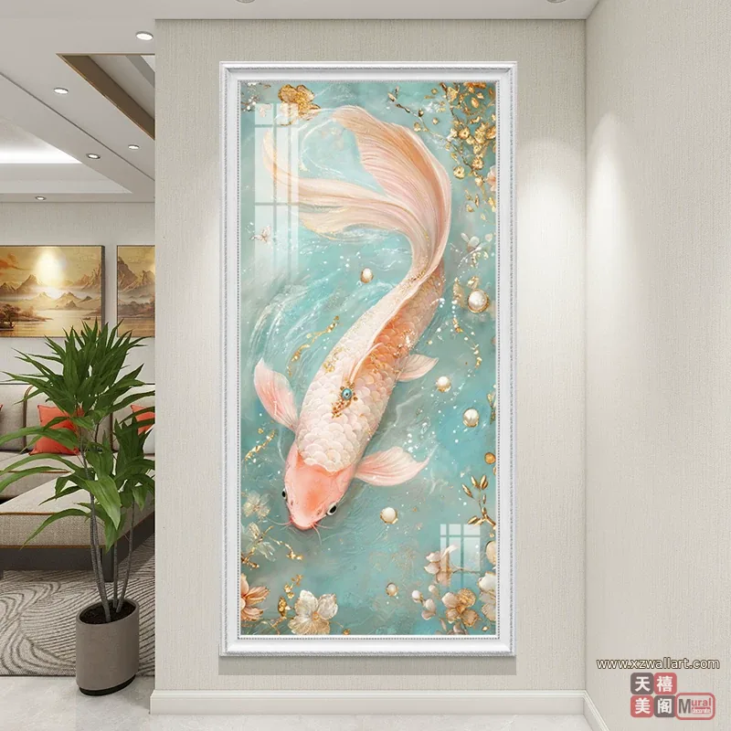 锦鲤 单幅 装饰画 轻奢风 玄关背景墙挂画 晶瓷画