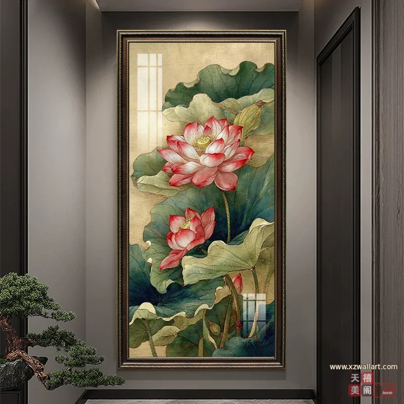 荷花 单幅 装饰画 新中式 玄关背景墙挂画 晶瓷画