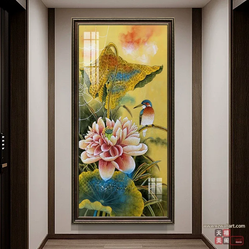 荷花 单幅 装饰画 新中式 玄关背景墙挂画 晶瓷画