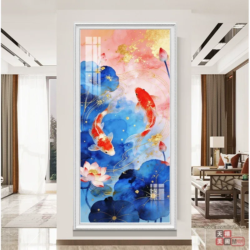 荷花 单幅 装饰画 新中式 玄关背景墙挂画 晶瓷画