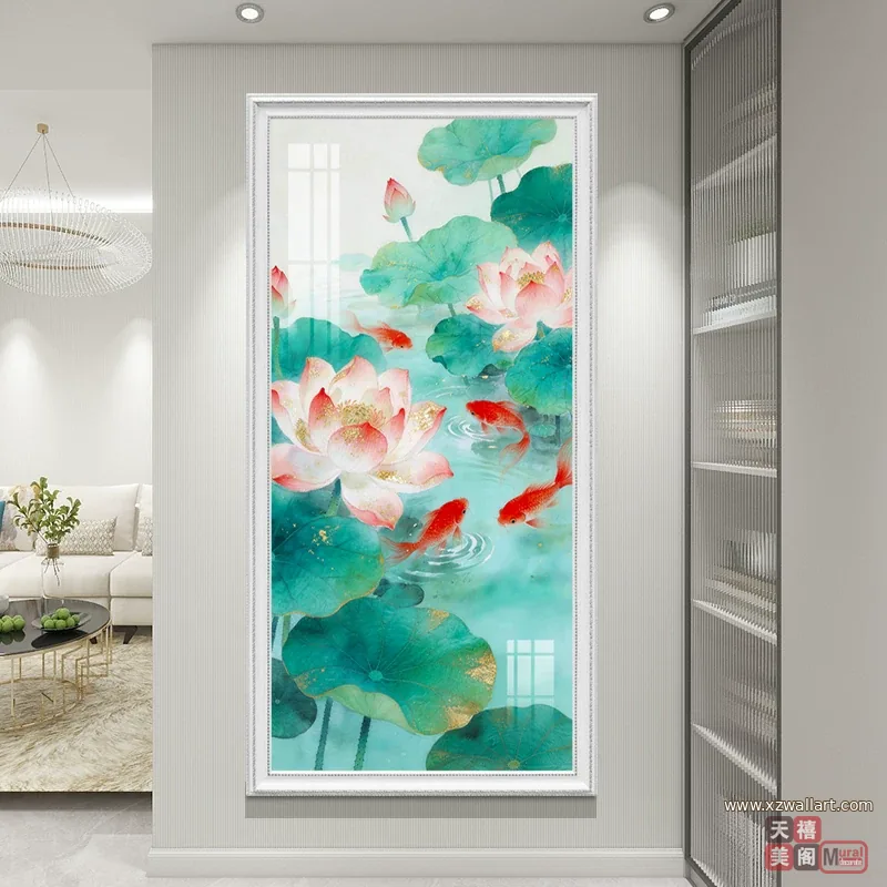 荷花 单幅 装饰画 新中式 玄关背景墙挂画 晶瓷画