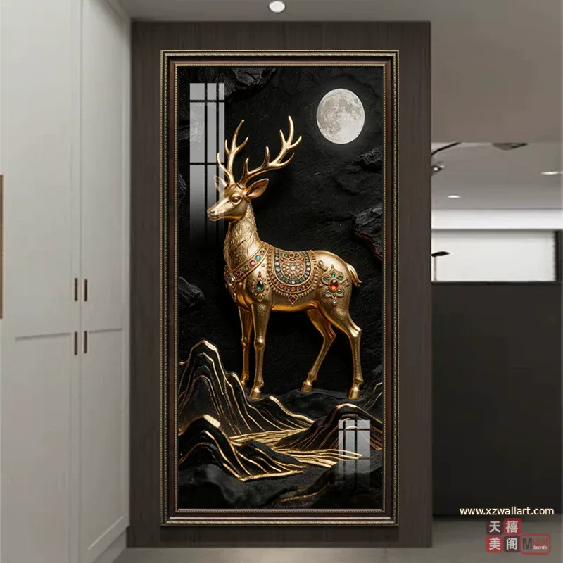 鹿 单幅 装饰画 轻奢风 玄关背景墙挂画 晶瓷画