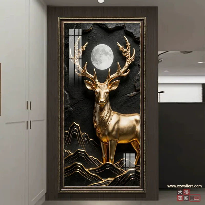 鹿 单幅 装饰画 轻奢风 玄关背景墙挂画 晶瓷画