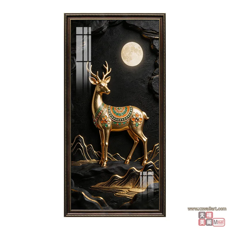 鹿 单幅 装饰画 轻奢风 玄关背景墙挂画 晶瓷画