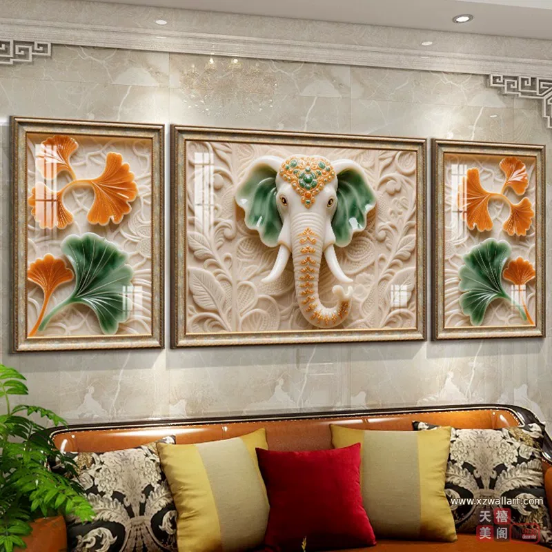 象 三联 装饰画 美式 客厅背景墙挂画 晶瓷画