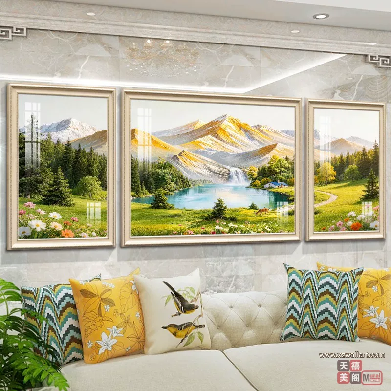 山水 三联 装饰画 美式 客厅背景墙挂画 晶瓷画