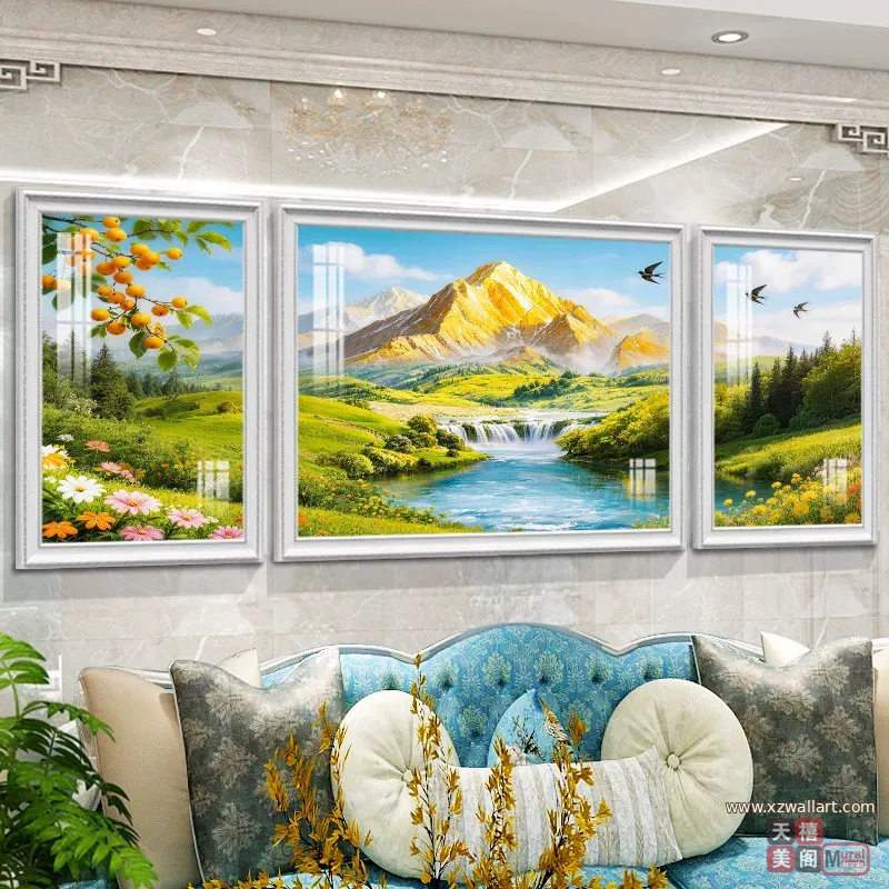 山水 三联 装饰画 美式 客厅背景墙挂画 晶瓷画