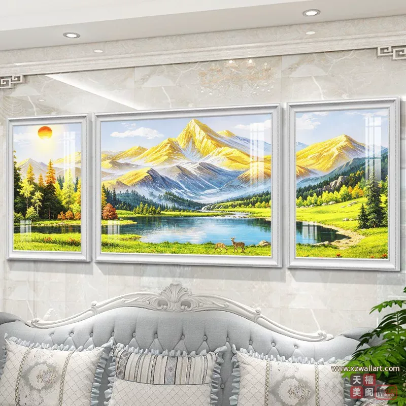 山水 三联 装饰画 美式 客厅背景墙挂画 晶瓷画