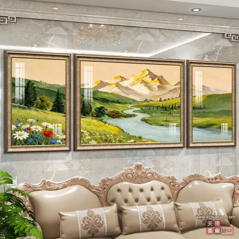 山水 三联 装饰画 美式 客厅背景墙挂画 晶瓷画